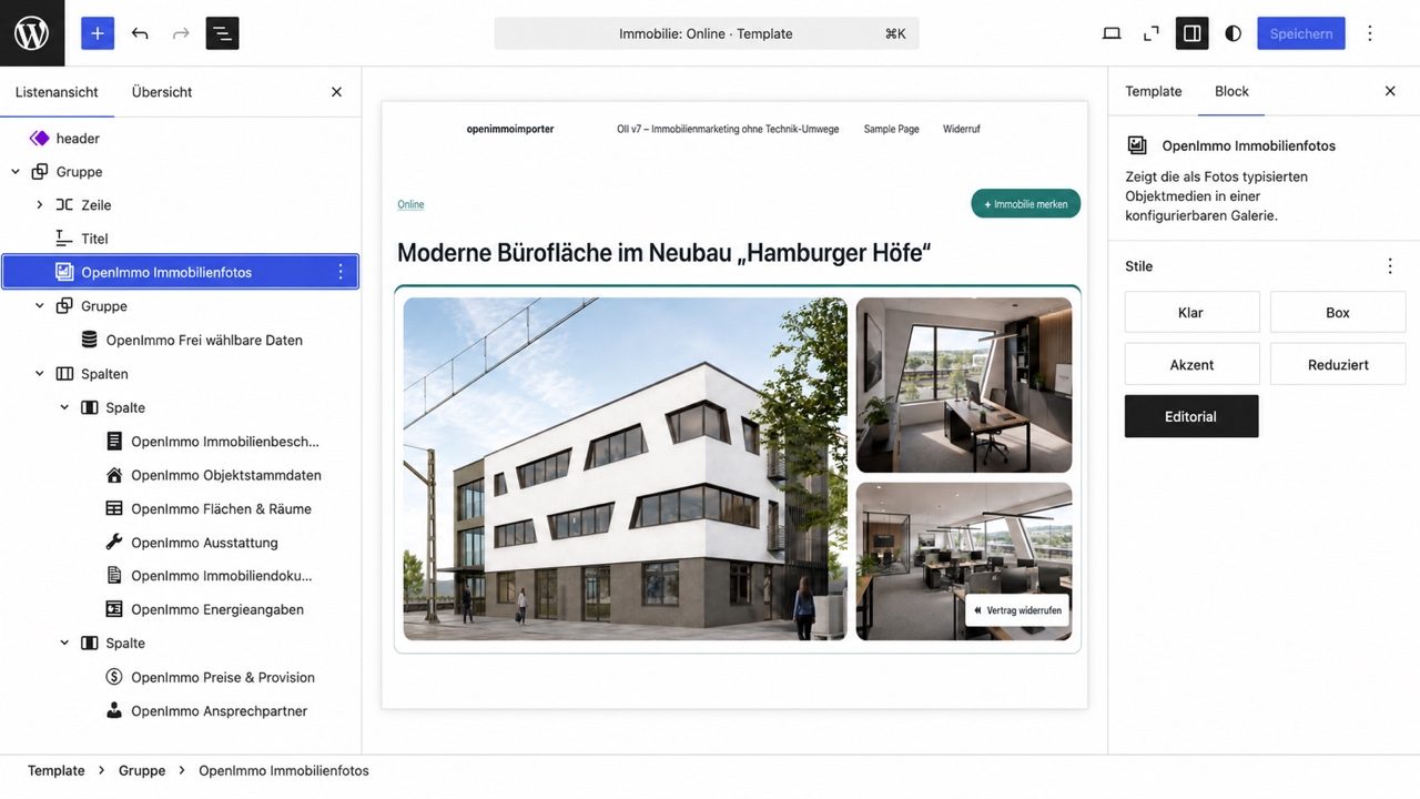 Online-Vorlage mit OII-Blöcken und Immobilienvorschau im nativen WordPress-Block-Editor