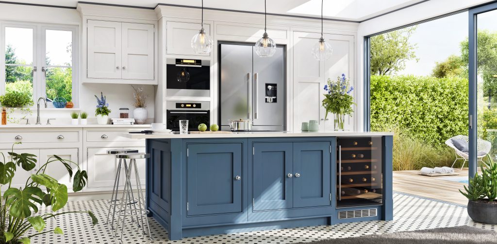 Interior design of a kitchen in a modern house with an open terr