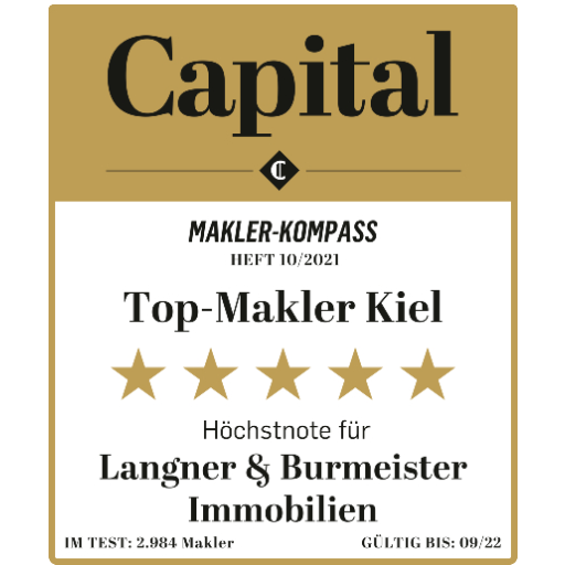 Auf dem Bild ist die CAPITAL Maklerkompass 2021 Auszeichnung TOP Makler Kiel mit der Höchstnote von 5 Sternen für Langner & Burmeister Immobilien in Kiel zu senden