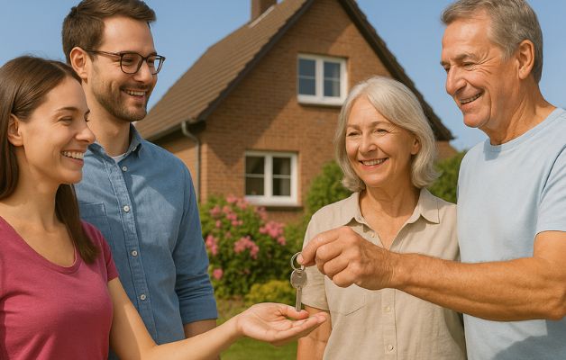 Immobilienverkauf Schlüsselübergabe älteres Paar an junges Paar