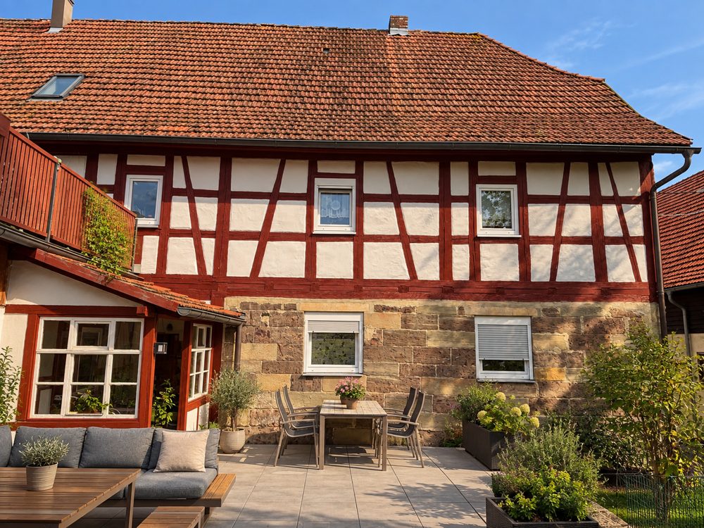 Immobilienangebot - Meeder / Wiesenfeld bei Coburg - Alle - Große Eigentumswohnung in einem historischen Bauernhaus mit großem Saal/Mehrzweckgebäude, Carport und Gartenanteil