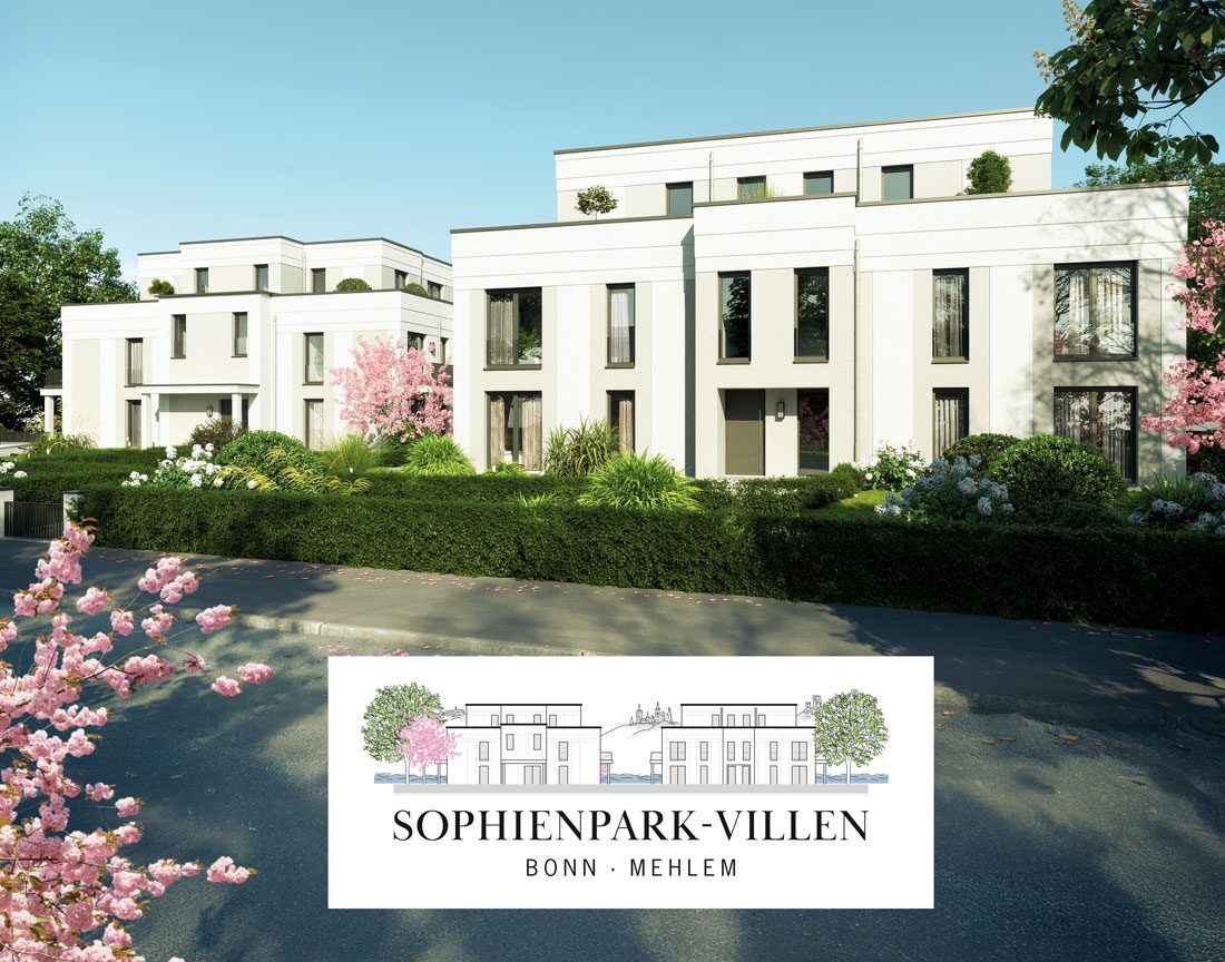Sophienpark Villen - Visualisierung Strassenseite mit Logo mittig ausgerichtet
