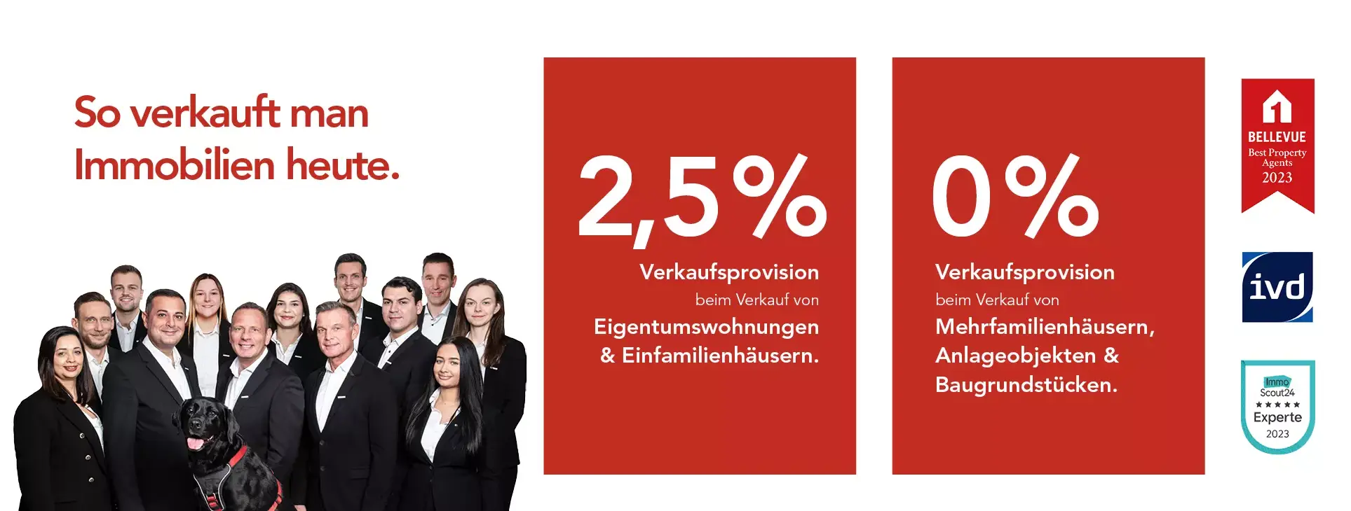 So verkauft man Immobilien heute: 100% Maklerleistung bei nur 2,5% Verkaufsprovision bei Eigentumswohnungen und Einfamilienhäusern.