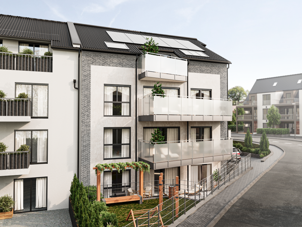 Visualisierung Rückansicht eines Neubauprojekts in der Vermarktung bei duesselraum immobilien OHG