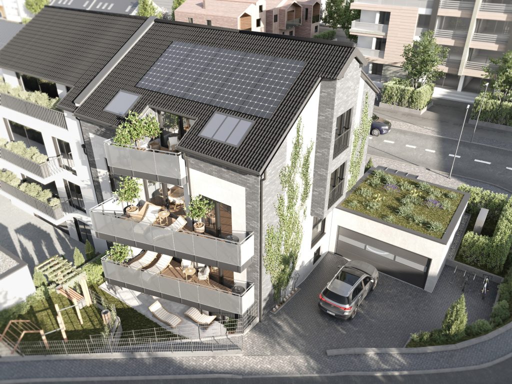 Visualisierung Rückansicht eines Neubauprojekts in der Vermarktung bei duesselraum immobilien OHG