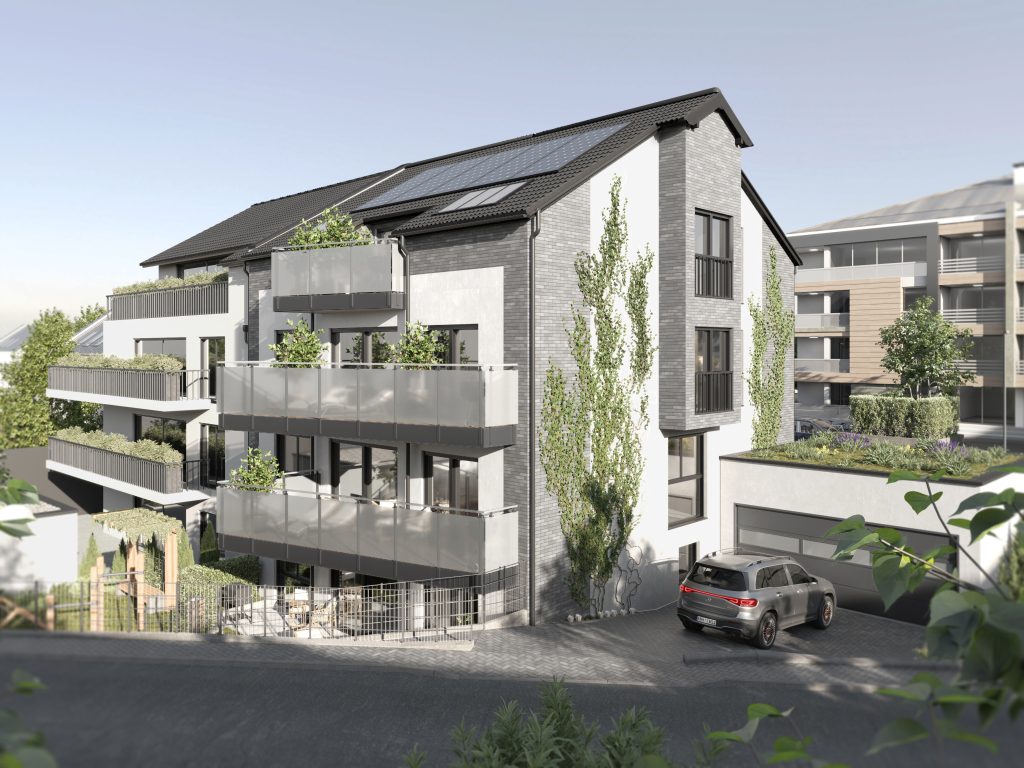 Visualisierung Rückansicht eines Neubauprojekts in der Vermarktung bei duesselraum immobilien OHG