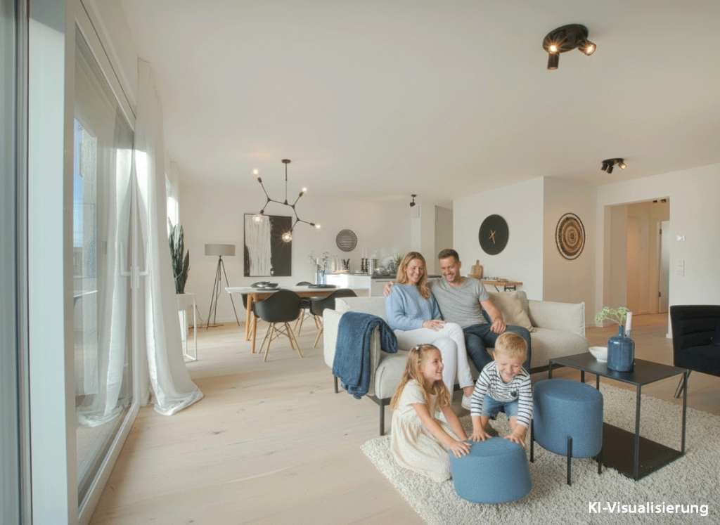 Wohnzimmer mit Blick auf die offene Küche mit Kochinsel