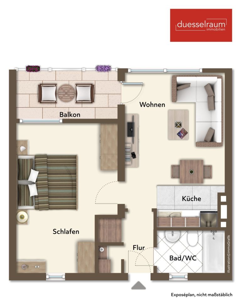 Immobilienangebot - Düsseldorf / Holthausen - Alle - Holthausen: Charmante 2-Zimmer-Wohnung mit offener Wohnküche und ruhigem Balkon
