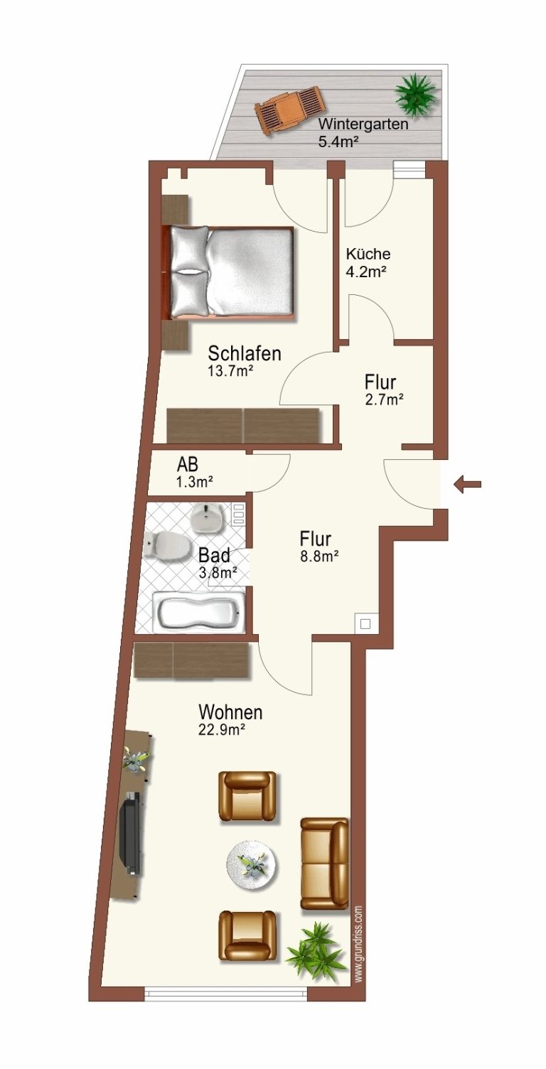 Immobilienangebot - Düsseldorf - Alle - Oberbilk: 2-Zimmer-Eigentumswohnung mit Wintergarten und Tiefgaragenstellplatz