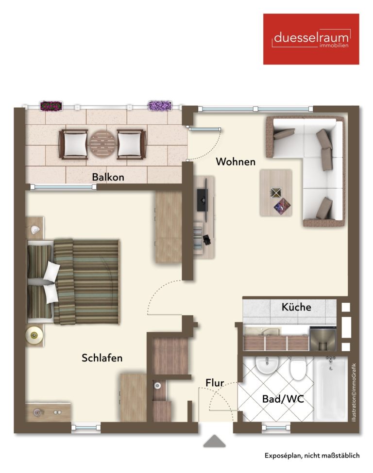 Immobilienangebot - Düsseldorf / Holthausen - Alle - Holthausen: Kapitalanlage mit Potenzial! Langjährig vermietete 2-Zimmer-Wohnung mit Balkon ins Grüne