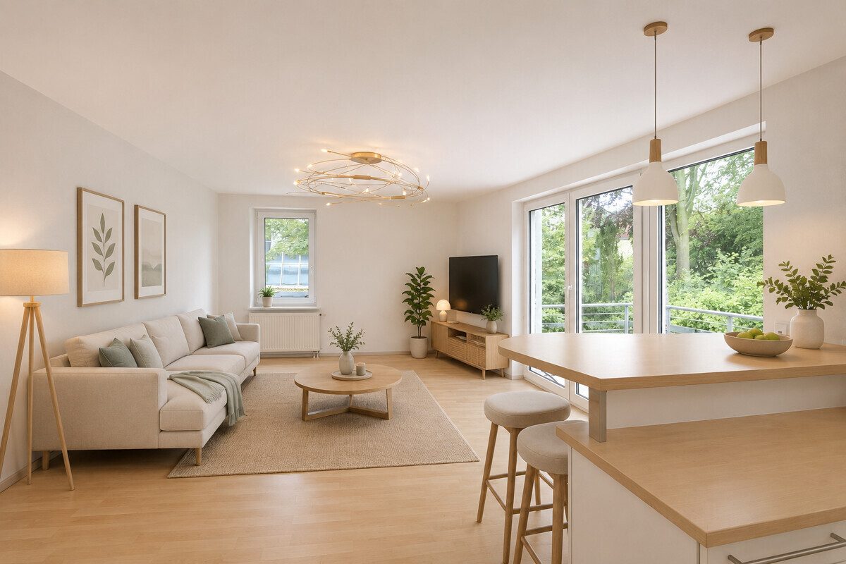 HOMESTAGING Wohnzimmer (2) (KI generiert) Immobilienangebot - Hamburg - Haus_Wohnung - Helle 2-Zimmer-Wohnung mit Balkon und Tiefgaragen-Stellplatz in Hamburg-Hummelsbüttel