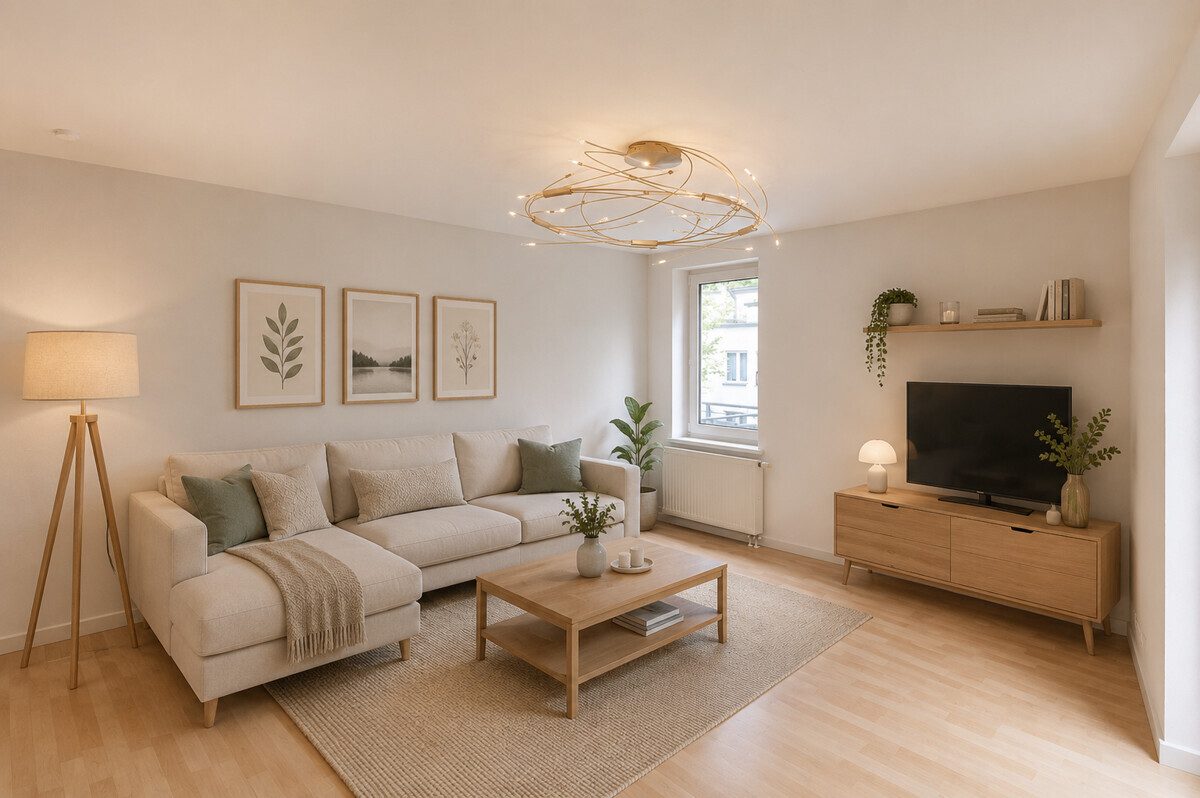 HOMESTAGING Wohnzimmer (KI generiert) Immobilienangebot - Hamburg - Haus_Wohnung - Helle 2-Zimmer-Wohnung mit Balkon und Tiefgaragen-Stellplatz in Hamburg-Hummelsbüttel