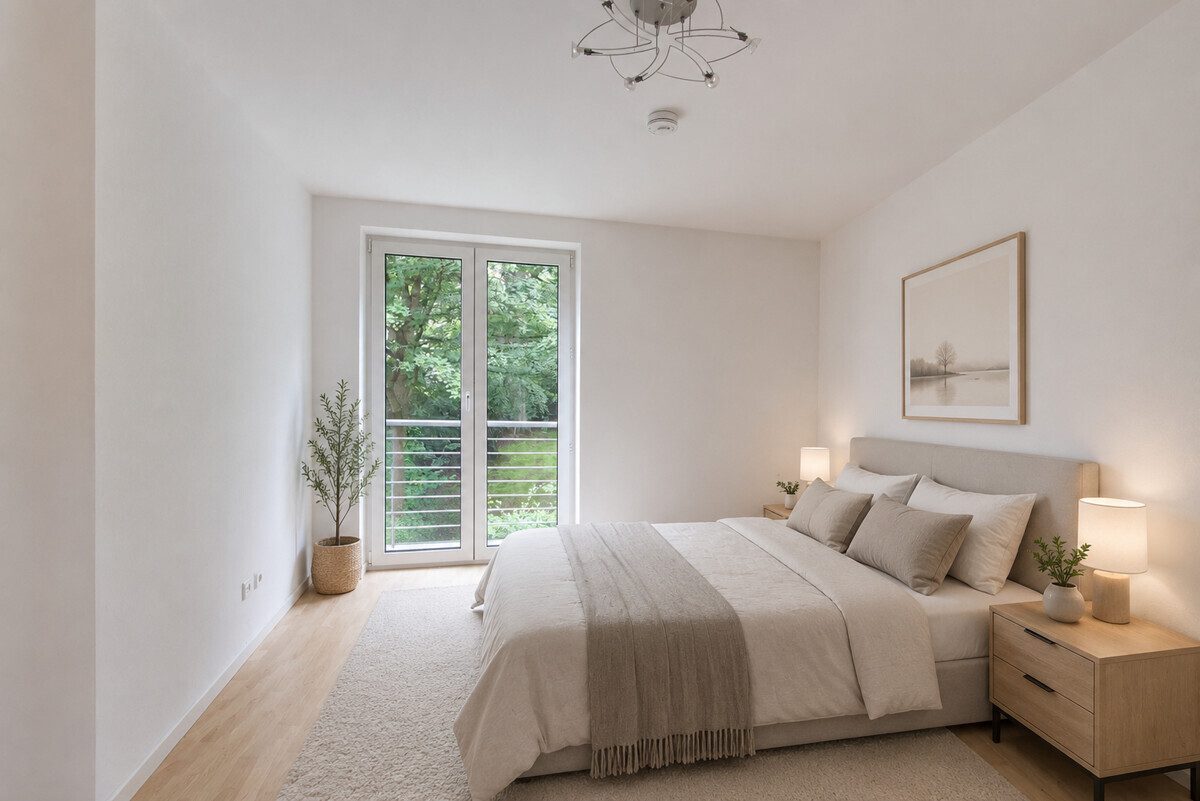 HOMESTAGING Schlafzimmer (KI generiert) Immobilienangebot - Hamburg - Haus_Wohnung - Helle 2-Zimmer-Wohnung mit Balkon und Tiefgaragen-Stellplatz in Hamburg-Hummelsbüttel
