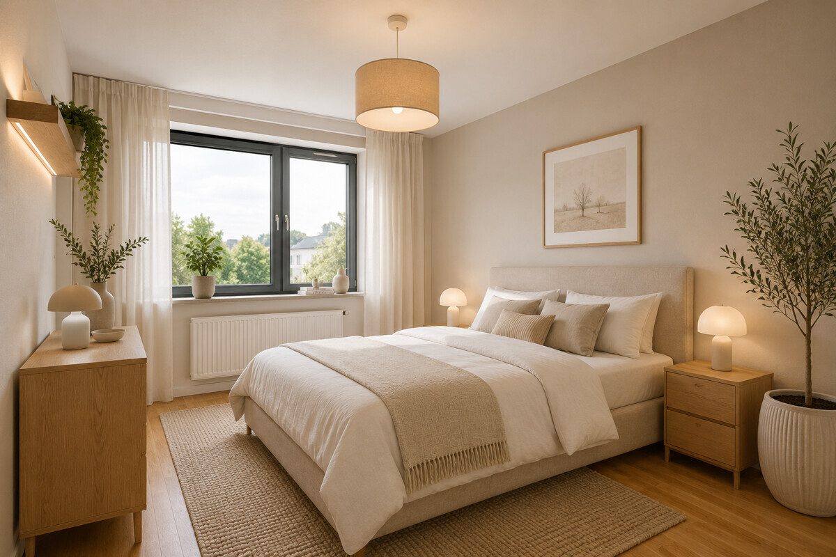 HOMESTAGING Schlafzimmer (KI generiert) Immobilienangebot - Hamburg - Haus_Wohnung - Geräumige 2-Zimmer Wohnung mit Potenzial in Hamburg Farmsen-Berne