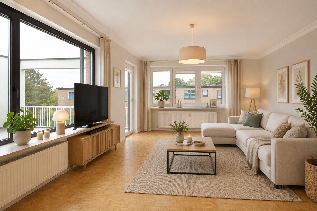 HOMESTAGING Wohnzimmer (KI generiert) Immobilienangebot - Hamburg - Haus_Wohnung - Geräumige 2-Zimmer Wohnung mit Potenzial in Hamburg Farmsen-Berne