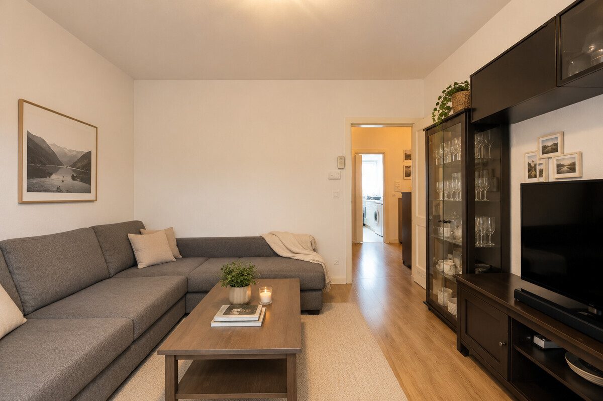 Wohnzimmer (Mit KI bearbeitet – digital aufgeräumtI) Immobilienangebot - Hamburg - Alle - Energetisch modernisierte und vermietete 3-Zimmer Wohnung in Hamburg-Bramfeld