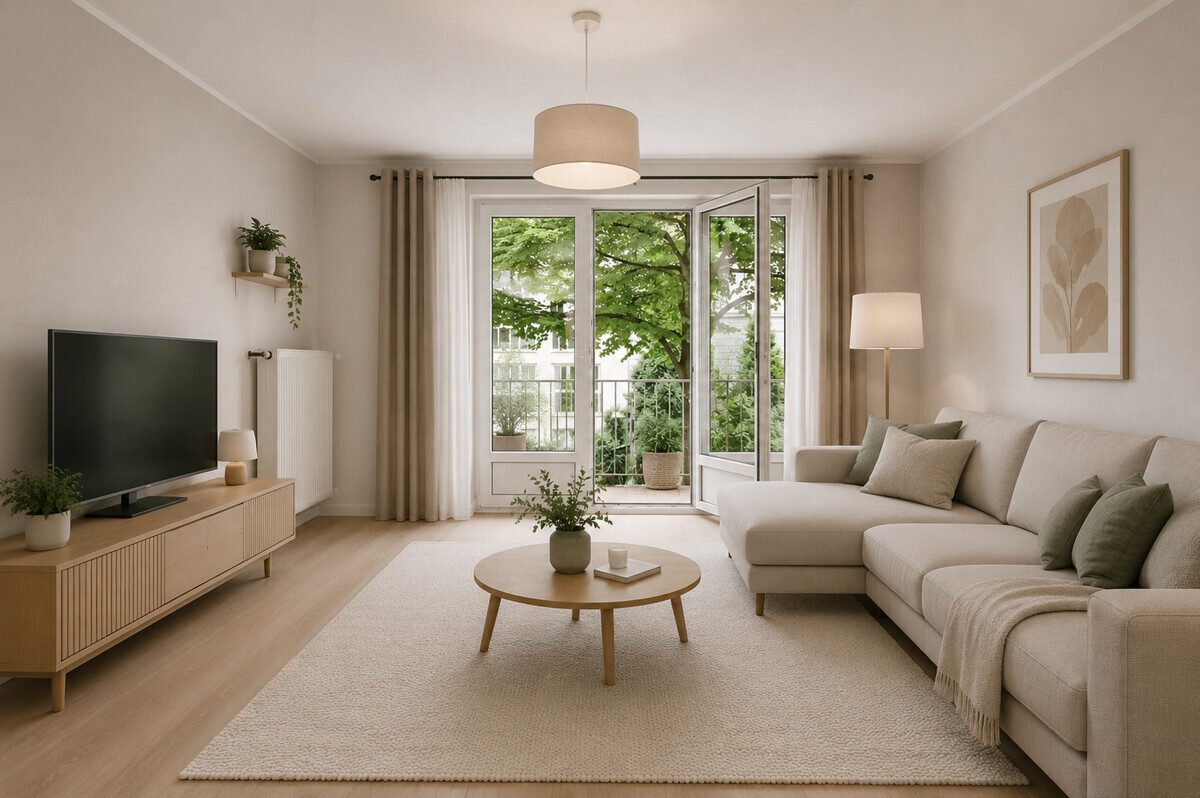 Wohnzimmer (KI generiert) Immobilienangebot - Hamburg - Haus_Wohnung - Ruhig gelegene 3-Zimmer-Wohnung nahe der Osterstraße im Süden von Hamburg Eimsbüttel