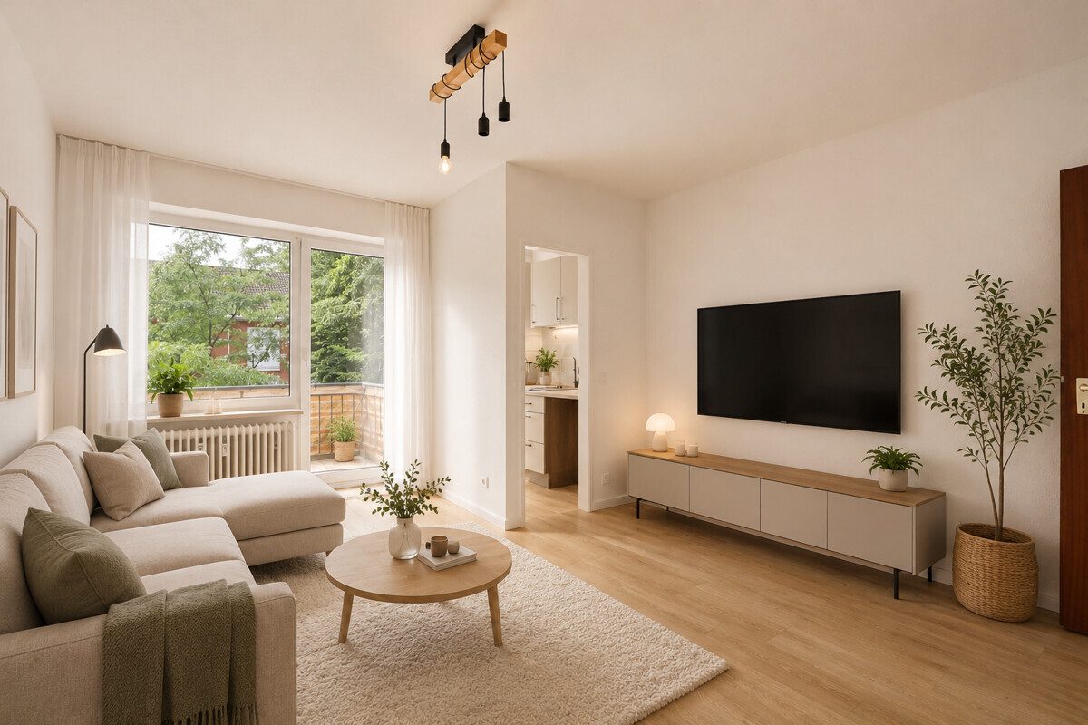 HOMESTAGING Wohnzimmer (Ki generiert) Immobilienangebot - Hamburg - Haus_Wohnung - Freie 1,5 Zimmer Wohnung mit TG-Stellplatz in Hamburg-Eidelstedt