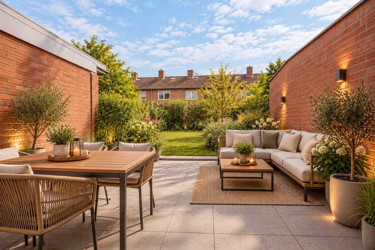 Terrasse HOMESTAGING (KI-generiert) Immobilienangebot - Hamburg - Haus_Wohnung - Mittelreihenhaus mit praktischem Grundriss und Sanierungspotenzial in Hamburg-Bramfeld