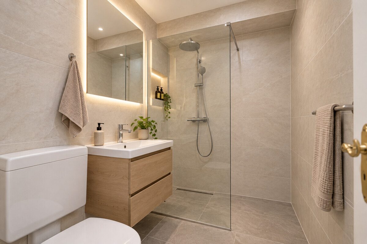 Modernes Bad mit Walk-in-Dusche Immobilienangebot - Hamburg - Haus_Wohnung - Mittelreihenhaus mit praktischem Grundriss und Sanierungspotenzial in Hamburg-Bramfeld