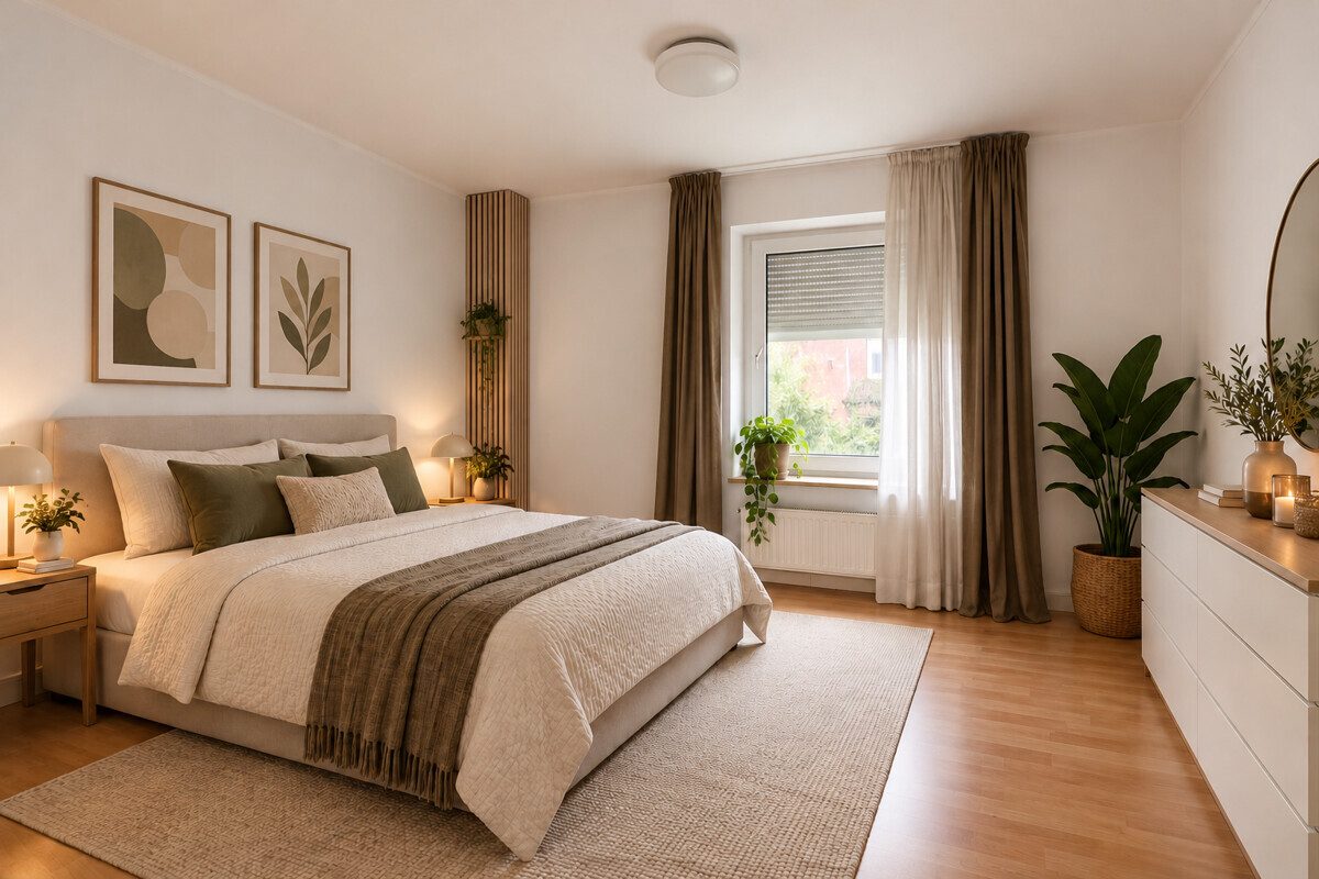 Schlafzimmer HOMESTAGING (KI-generiert) Immobilienangebot - Hamburg - Haus_Wohnung - Mittelreihenhaus mit praktischem Grundriss und Sanierungspotenzial in Hamburg-Bramfeld