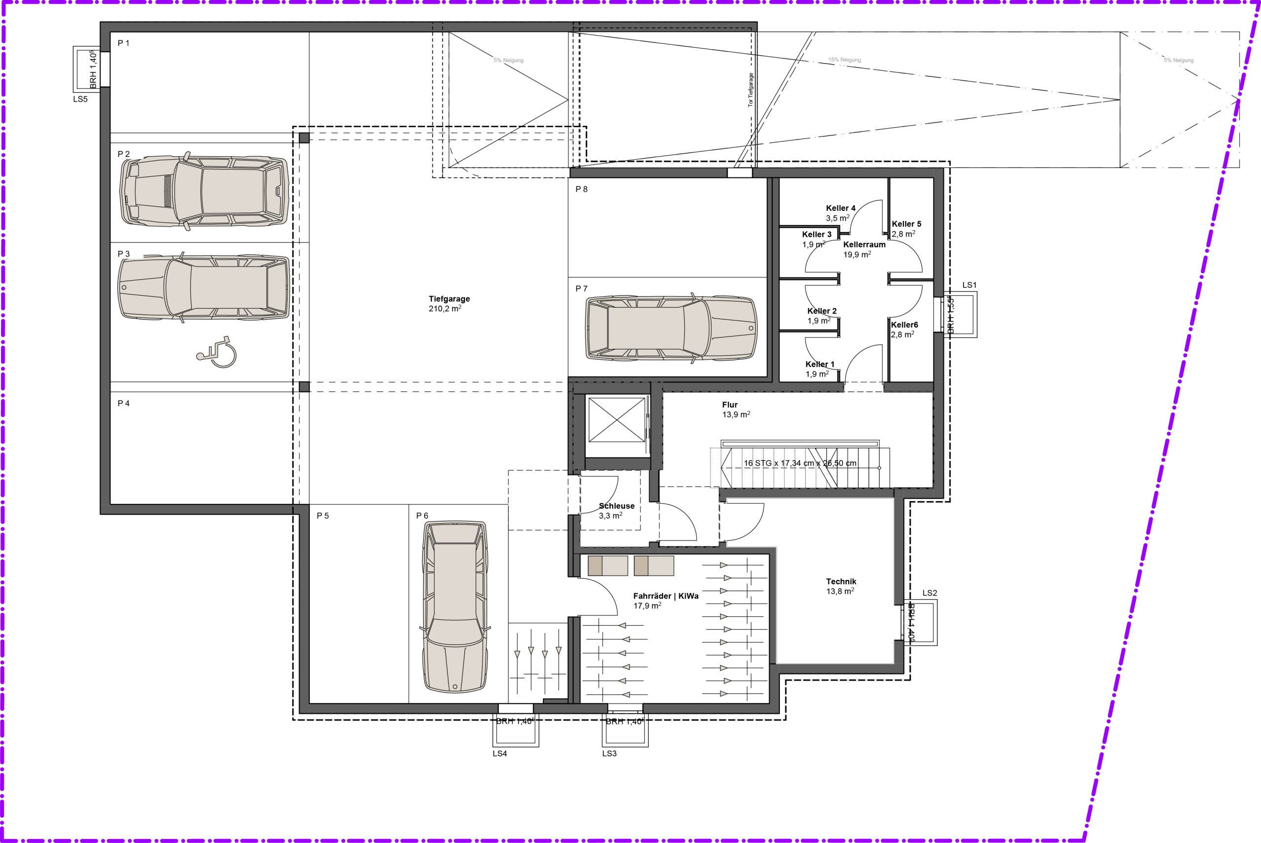 Neubauprojekt Maintal - Grundriss Tiefgarage / Keller