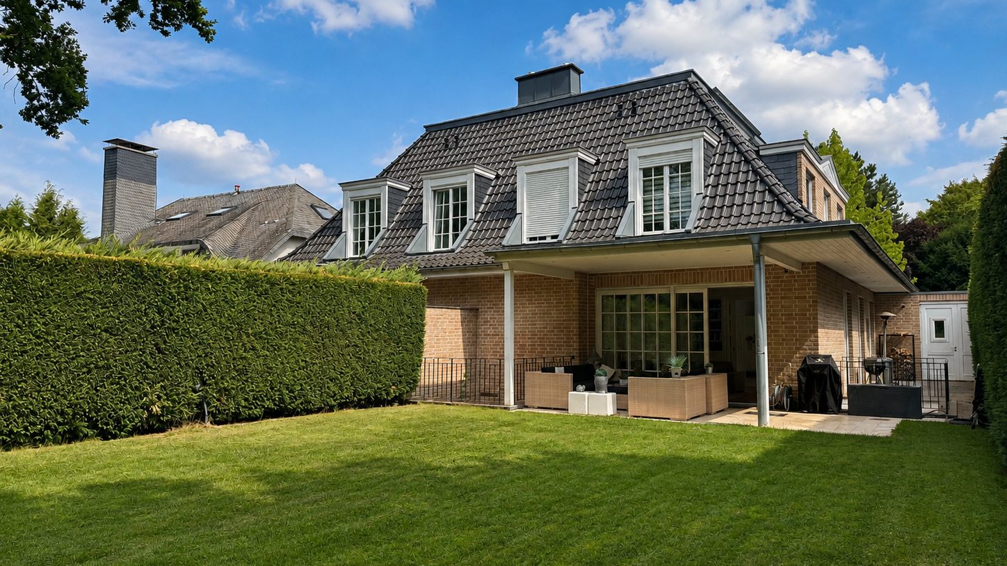 Böcker Wohnimmobilien - Immobilienangebot - Düsseldorf / Wittlaer - Alle - Repräsentatives Familiendomizil mit 7 Zi., EBK, 2 Bäder, Kamin u. Garten.