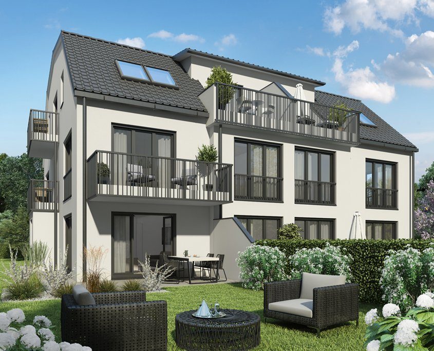 Gartenansicht eines hellen Mehrfamilienhauses im Grünen. Dunkles Dach und dunkle Fensterelemente