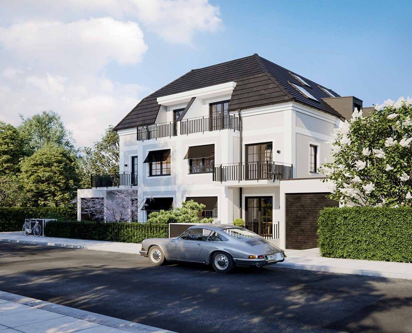 Ansicht einer stilvollen Stadtvilla mit weißer Fassade, mehreren Balkonen, dunklem Dach und integrierter Garage. Vor dem Haus parkt ein klassischer Sportwagen, umgeben von grüner Bepflanzung und einer ruhigen Wohnstraße.