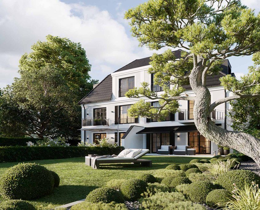 Hochwertige Villa mit weißer Fassade, Balkonen und großzügiger Terrasse, umgeben von einem weitläufigen Garten mit gepflegtem Rasen, dekorativen Buchsbaumkugeln und einem prächtigen Baum im Vordergrund.