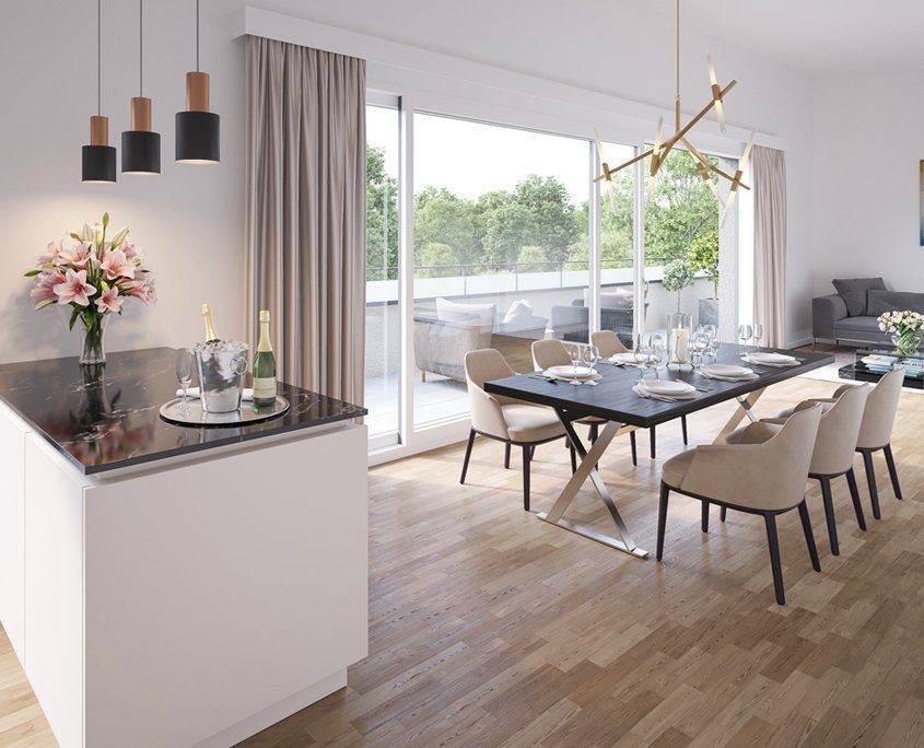 Heller, moderner Wohn- und Essbereich mit offener Gestaltung; stilvolles Esszimmer mit schwarzem Tisch und beigen Polsterstühlen, daneben ein elegantes Wohnzimmer mit grauem Sofa und Glastisch; große Fensterfronten bieten Blick auf die Terrasse und Gartenlandschaft; minimalistische Einrichtung mit hellen Holzböden, Hängelampen und dezenter Dekoration.