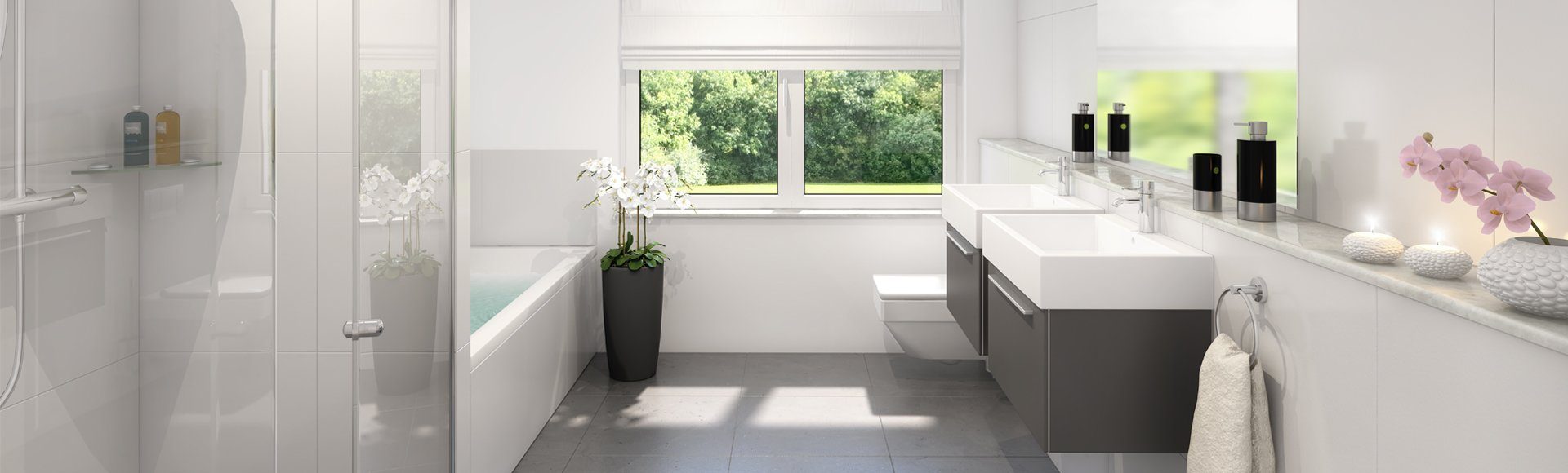 Neubau: Modernes Bad mit eckigen Armaturen und gläserner ebenerdiger Dusche