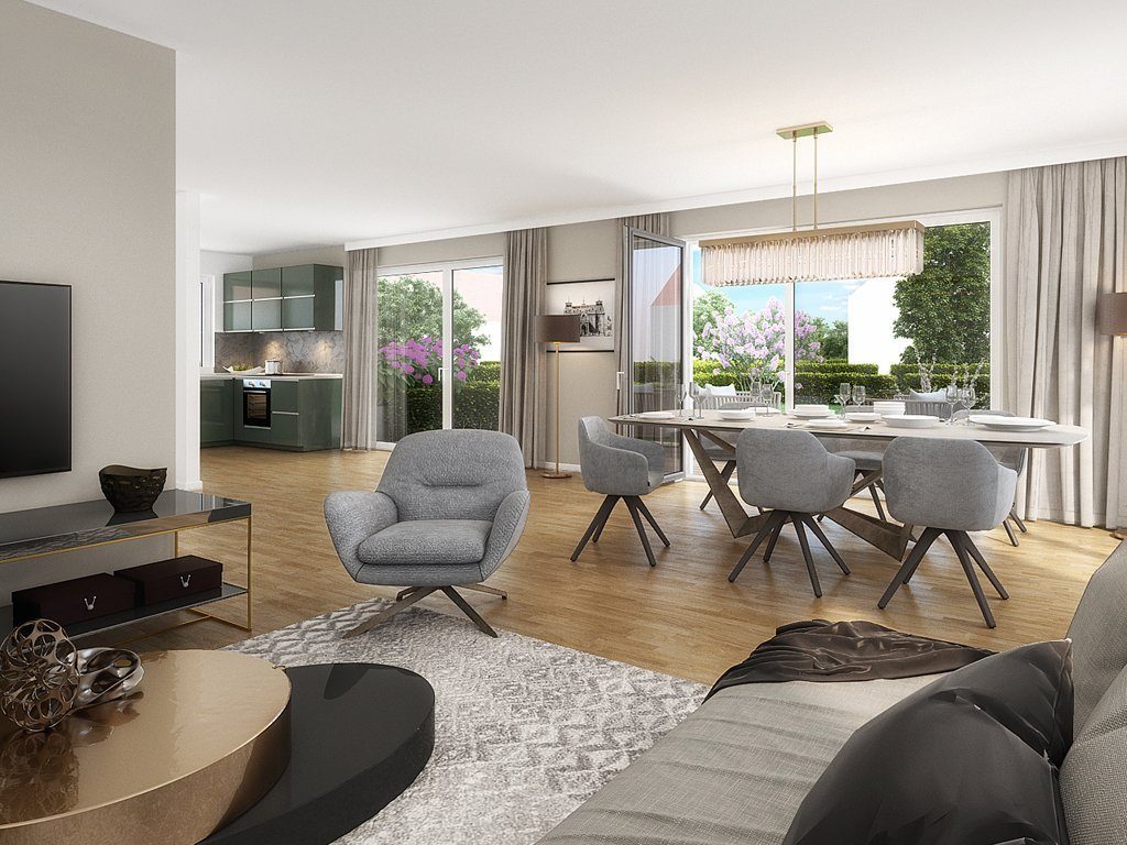 Modernes Wohnzimmer mit grauer Sitzgruppe und großer Fensterfront