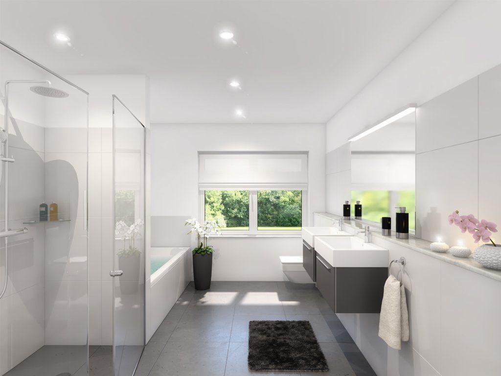 Neubau: Modernes Bad mit eckigen Armaturen und gläserner ebenerdiger Dusche