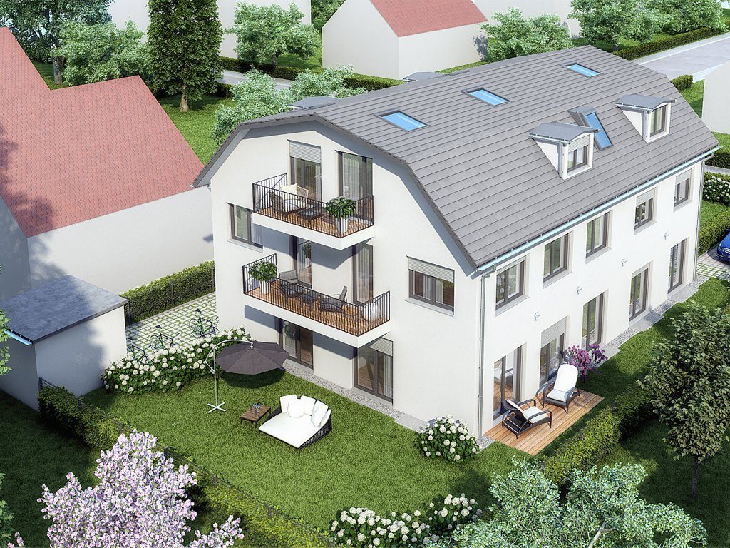 Blick von oben auf ein Neubauprojekt - freistehendes weißes Haus mit grauem Dach