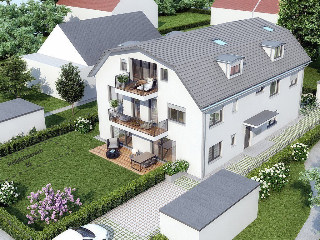 Blick von oben auf ein Neubauprojekt - freistehendes weißes Haus mit grauem Dach