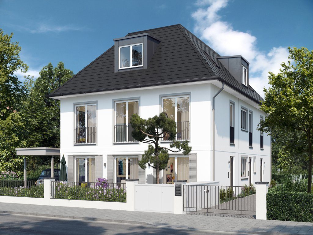 Heller Neubau mit Walmdach und weißen, eleganten Outdoormöbeln davor
