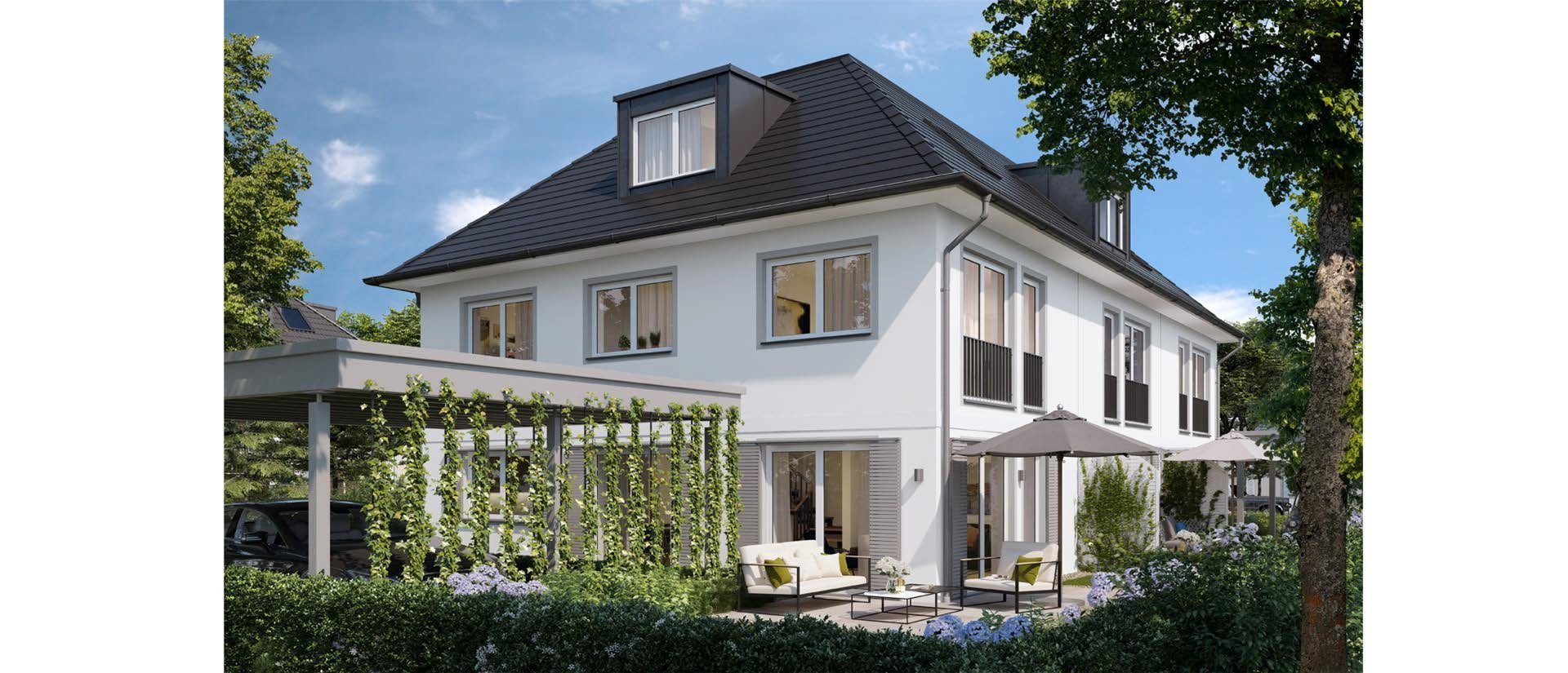 Heller Neubau mit Walmdach und weißen, eleganten Outdoormöbeln davor