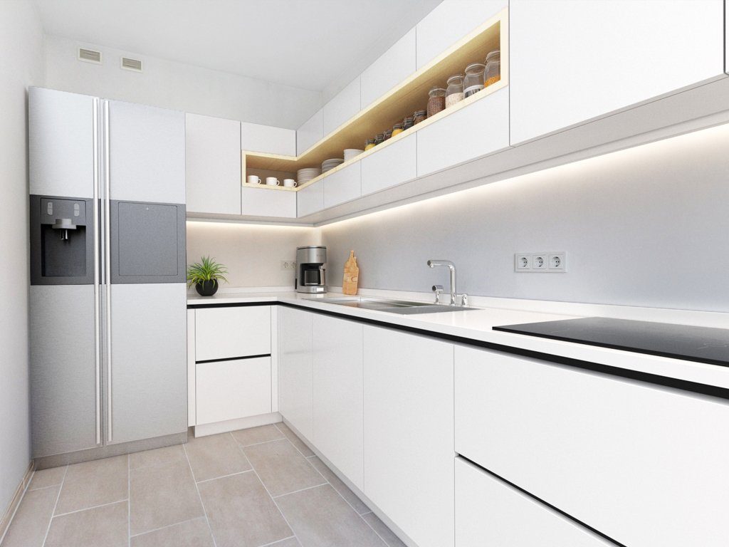 Helle, moderne, weiße Küche in reduziertem Stil im Neubau