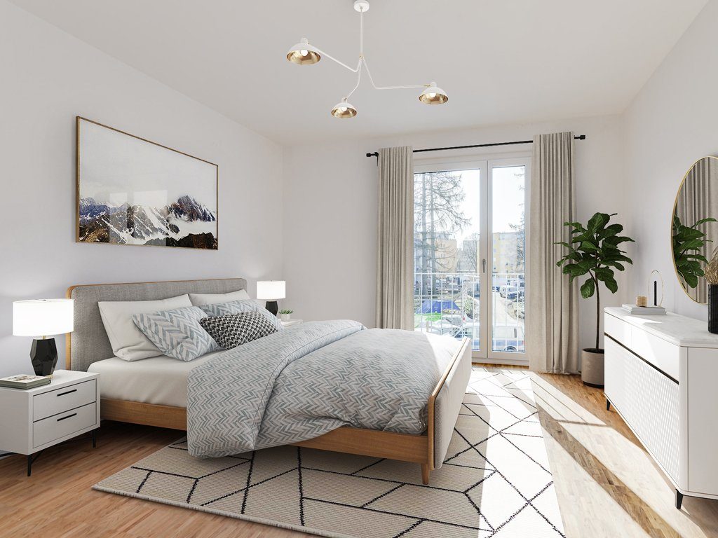 Modernes Schlafzimmer mit hellen Möbeln, Neubau
