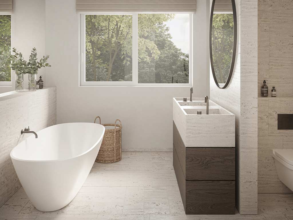 Badezimmer mit hellen Fließen und Waschtisch aus dunklem Holz, sowie einer weißen, freistehenden Badewanne