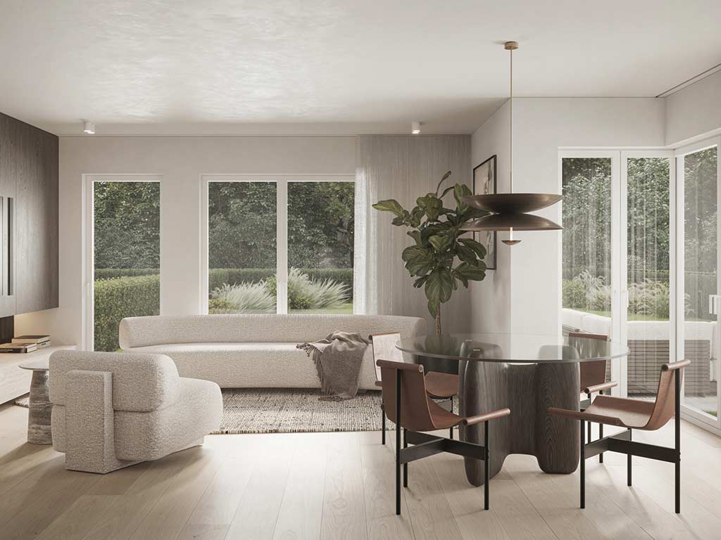 Wohn- und Essbereich eines Neubau Hauses, Sofa in creme Farbe, Glastisch mit braunem Holzfuß und schwarzen Edelstahlstühlen mit braunem Ledersitz