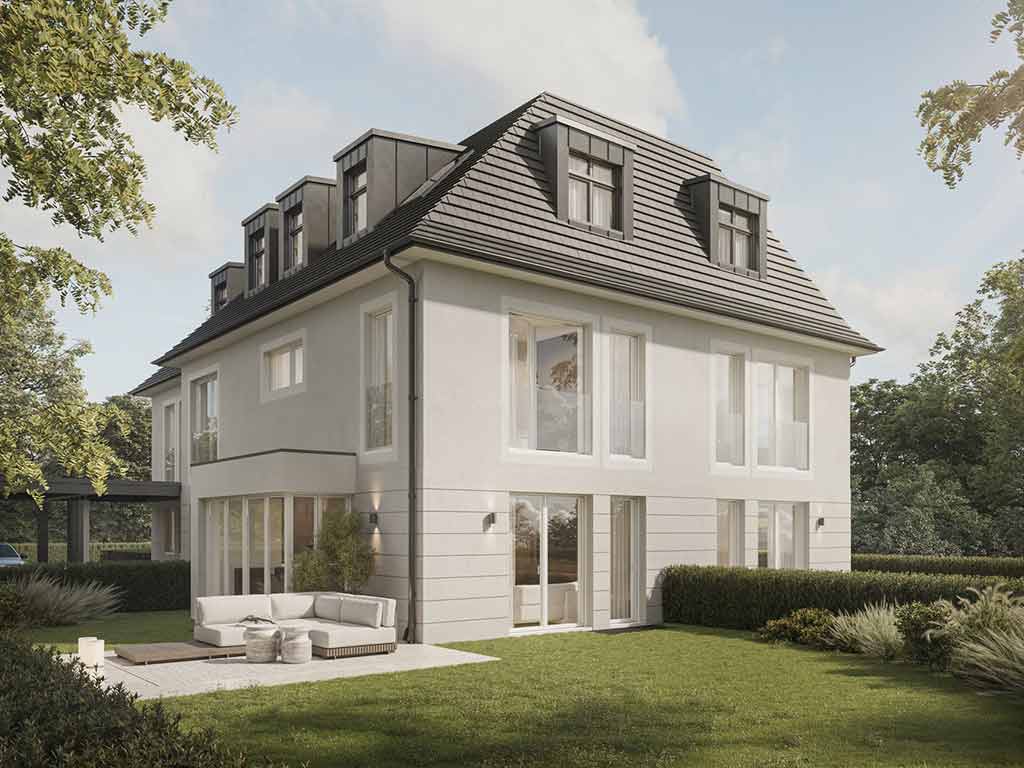 Außenansicht des Neubauprojekts 36342, ein weißes Haus mit grauem Dach