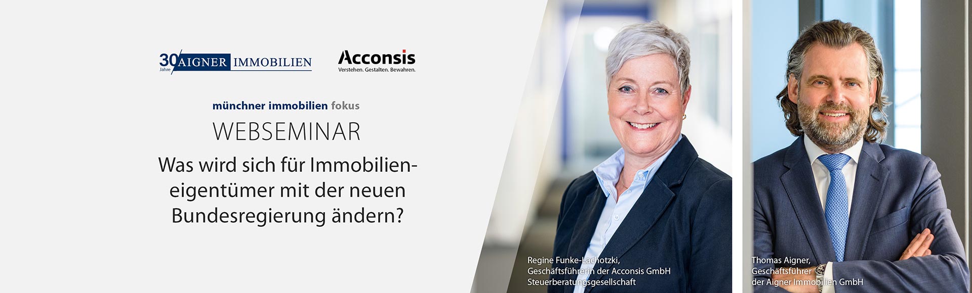 Flyer für Webseminar Aigner Immobilien - Regine Funke-Lachotzki (links) und Thomas Aigner – Geschäftsführer der Aigner Immobilien GmbH