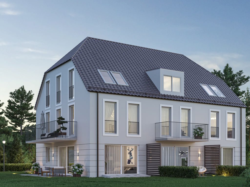 Neubau Villa mit grauem Krüppelwalmdach, Balkon Terrassen