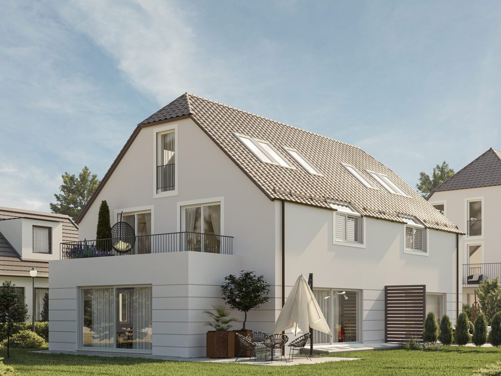 Neubau Villa mit Walmdach, Balkon und Sonnenschirm im Garten