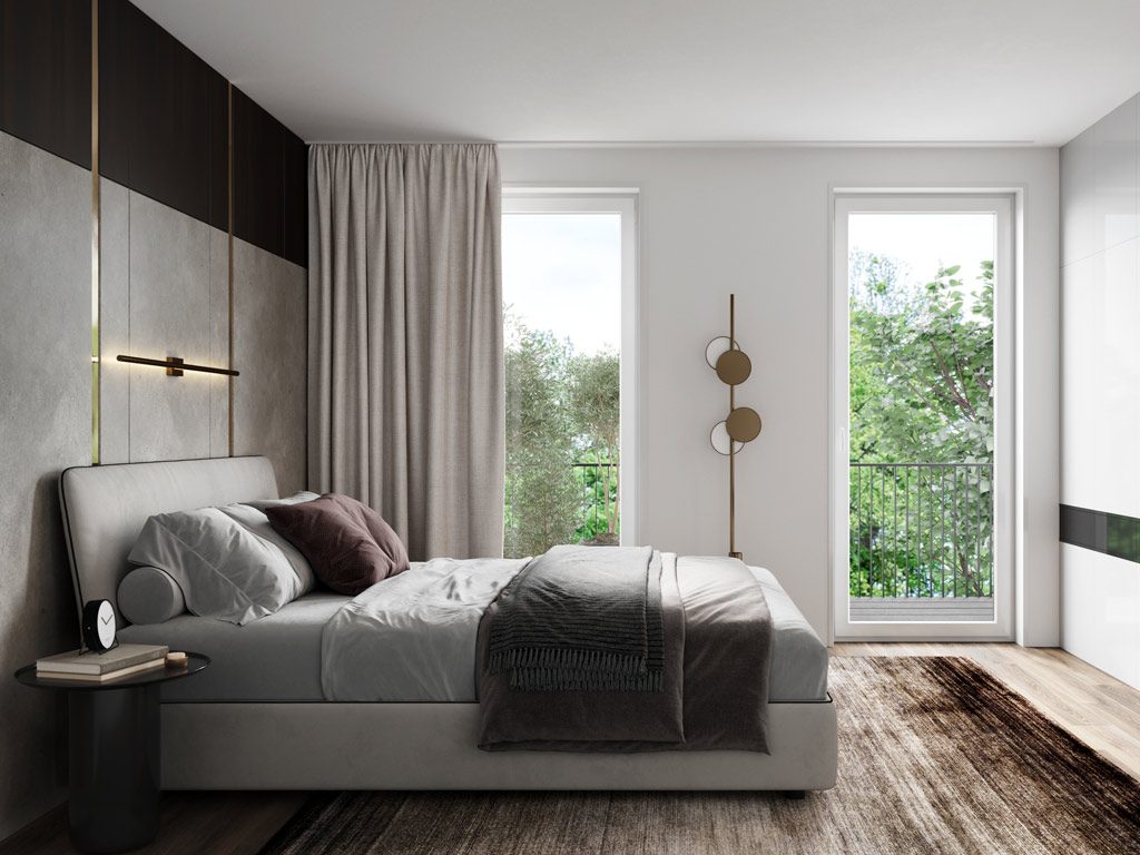 Modernes, kleines Schlafzimmer mit bodentiefen Fenstern und grauem Polsterbett