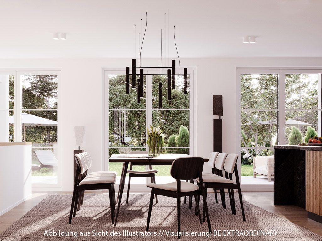 Moderne Wohnküche mit schwarz-weißen Polsterstühlen und schwarzer, moderner Lampe