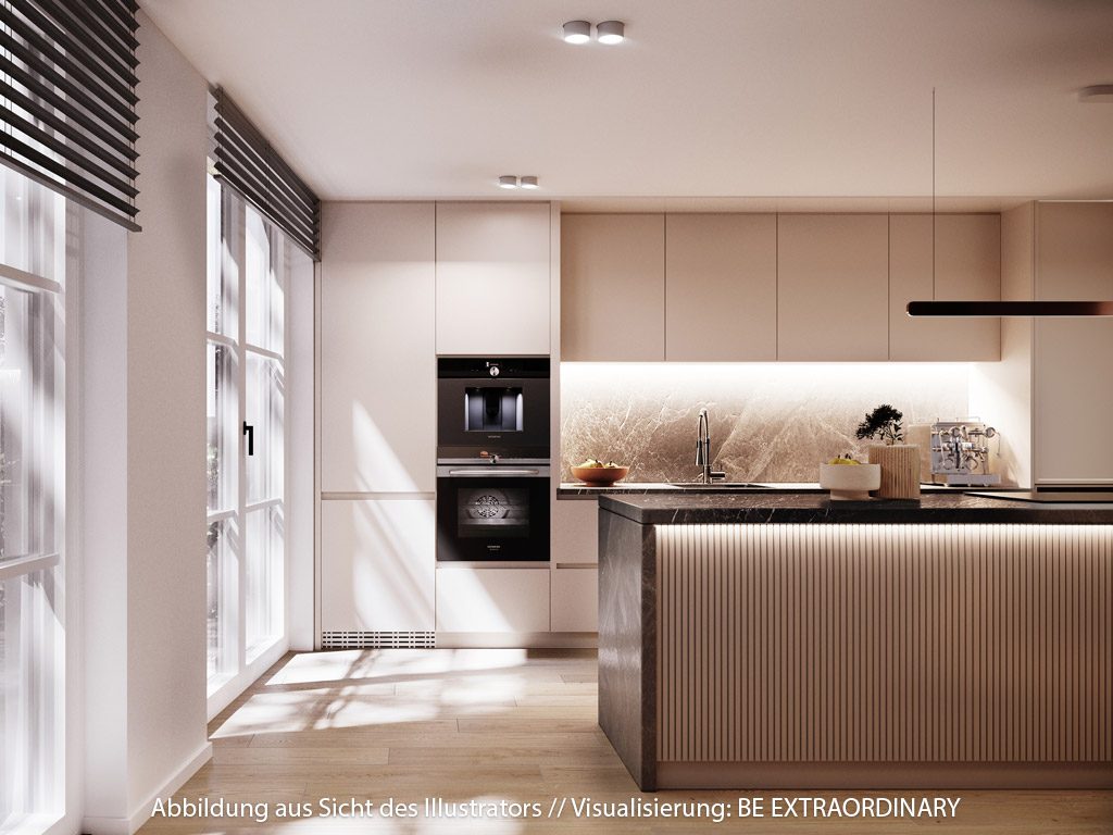 Moderne Neubau-Küche mit anthrazitfarbener Arbeitsplatte in Marmoroptik