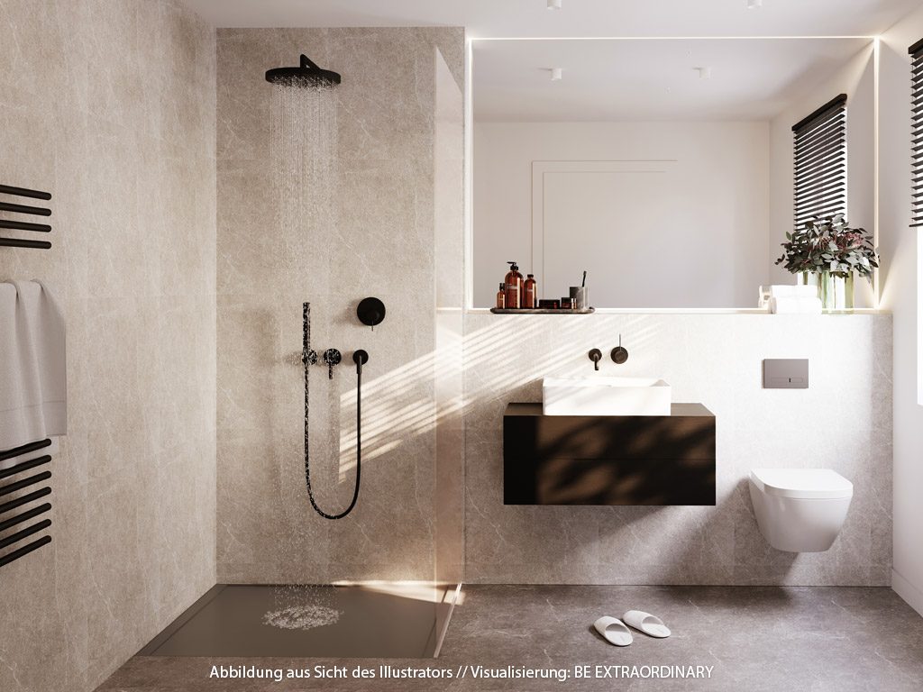 Modernes helles Bad mit schwarzen Armaturen und bodentiefer Dusche
